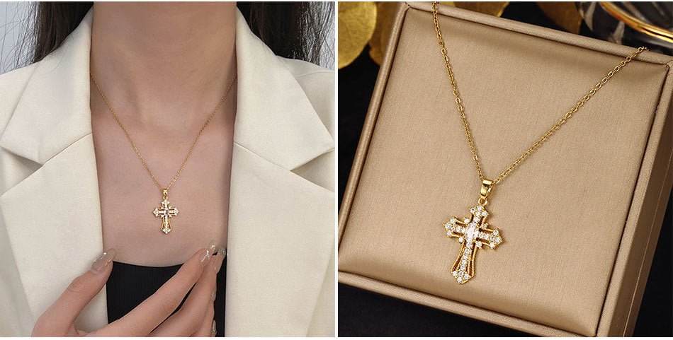 Luminique Store | Copper Cross Pendant with Full Zircon Inlay, Light Luxury Style