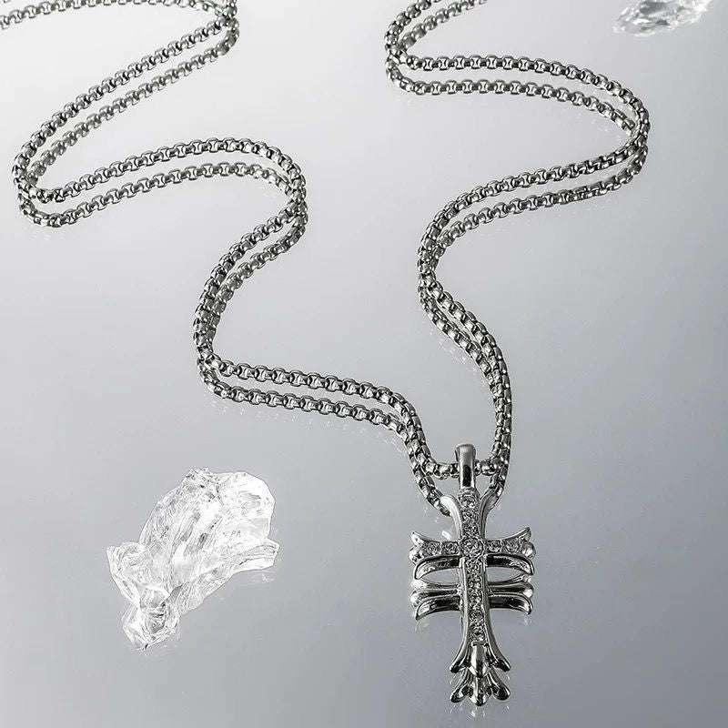 Luminique Store |   Unisex Silver Diamond-Inlaid Titanium Steel Cross