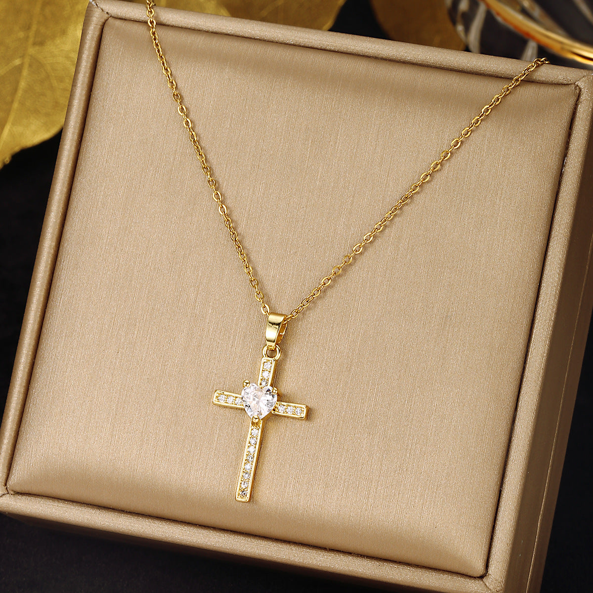 Luminique Store |   Copper Cross Pendant with Full Zircon Inlay, Light Luxury Style