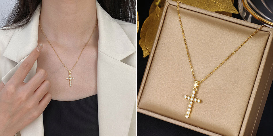 Luminique Store |   Copper Cross Pendant with Full Zircon Inlay, Light Luxury Style