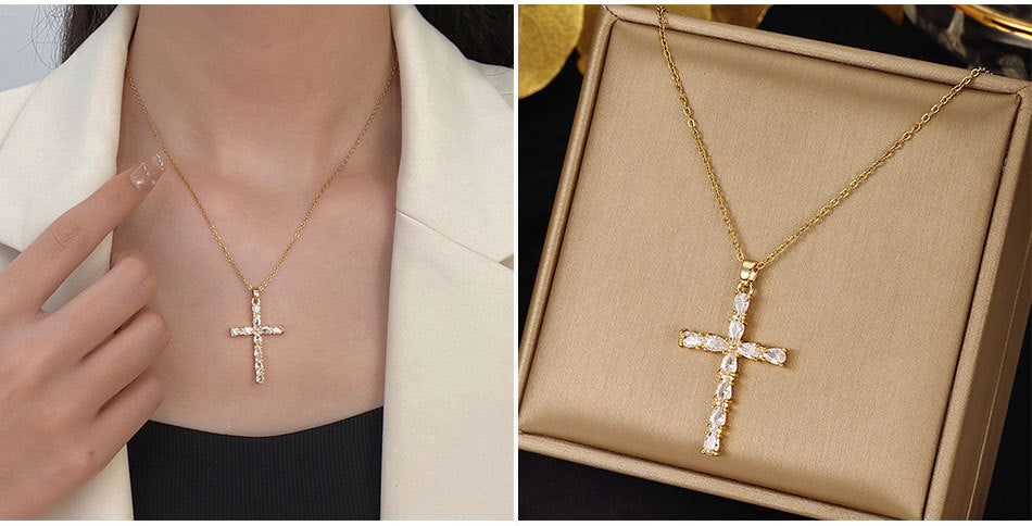 Luminique Store |   Copper Cross Pendant with Full Zircon Inlay, Light Luxury Style