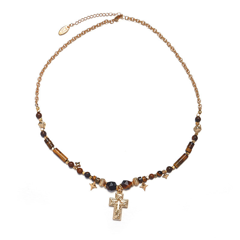 Luminique Store |   Vintage Premium Tiger's Eye Beaded Cross Necklace