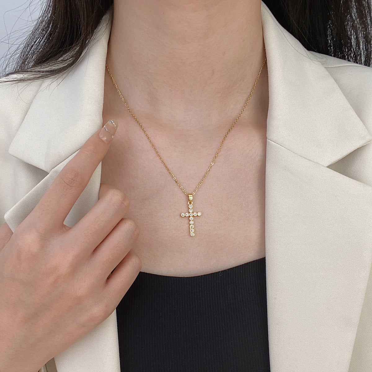Luminique Store |   Copper Cross Pendant with Full Zircon Inlay, Light Luxury Style