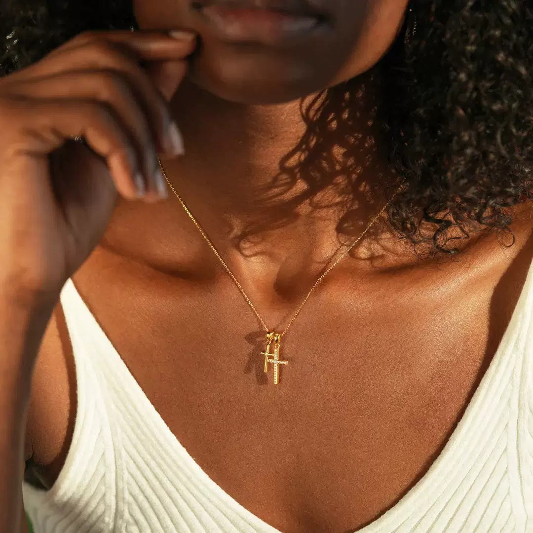 Luminique Store |   Gold Double Cross Necklace, S925 Sterling Silver