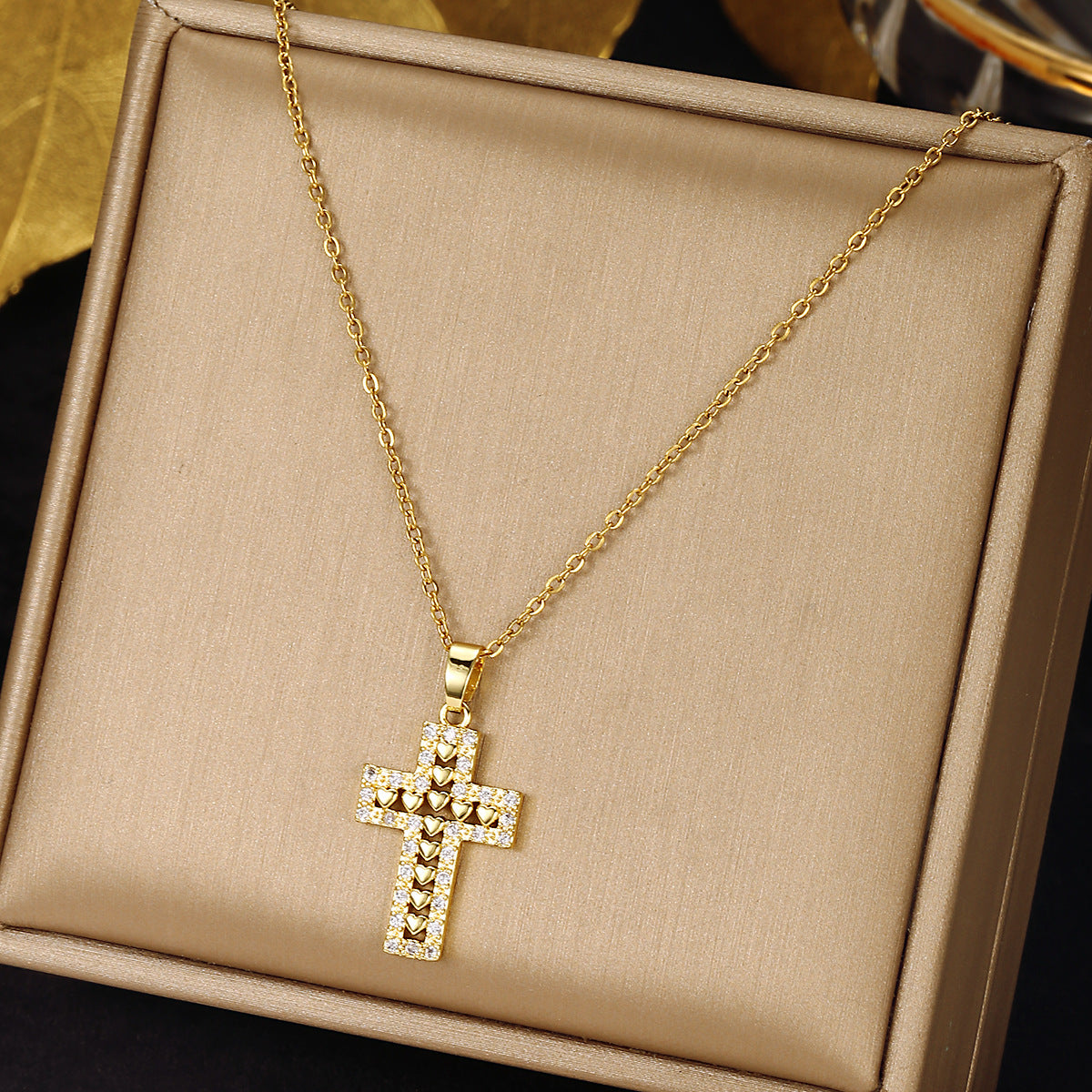 Luminique Store |   Copper Cross Pendant with Full Zircon Inlay, Light Luxury Style