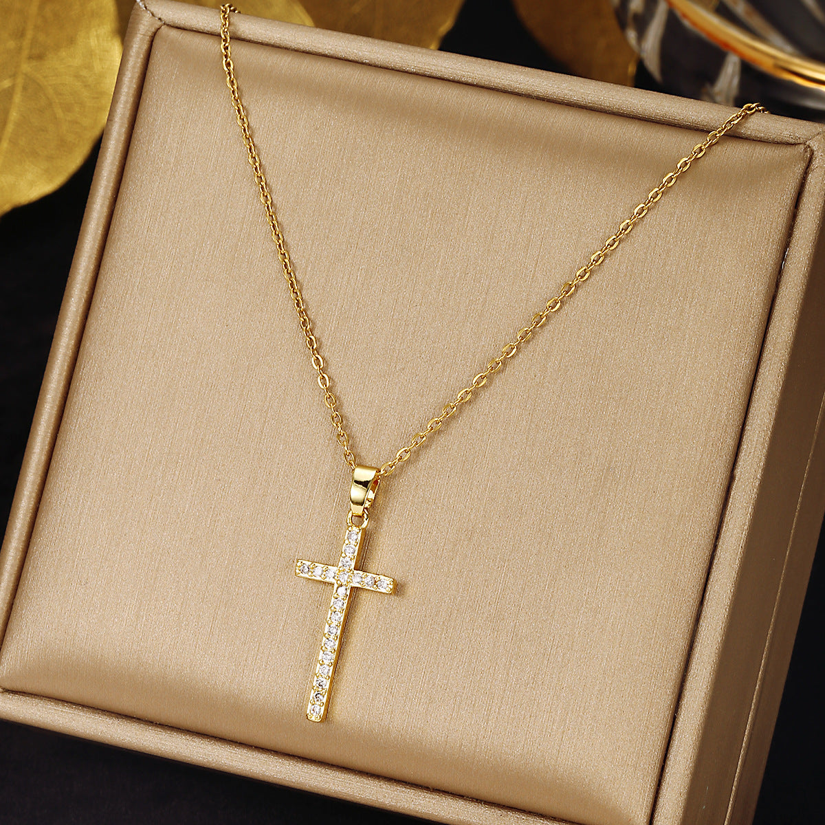 Luminique Store |   Copper Cross Pendant with Full Zircon Inlay, Light Luxury Style