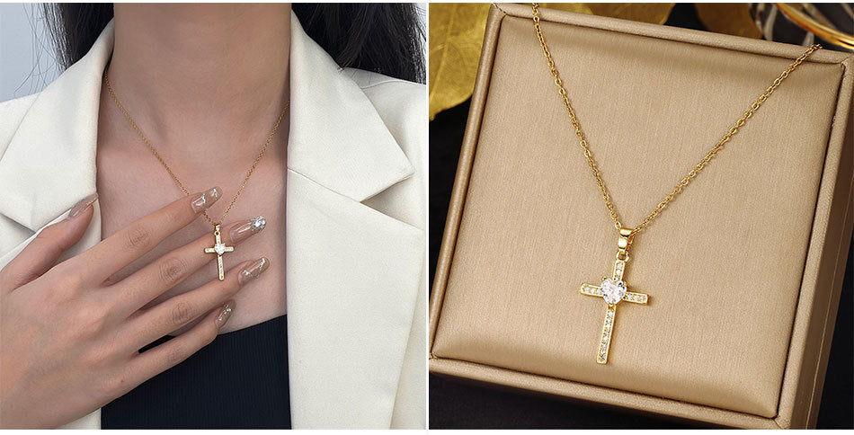 Luminique Store |   Copper Cross Pendant with Full Zircon Inlay, Light Luxury Style