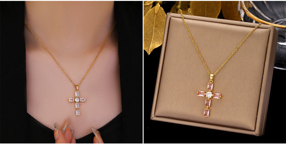 Luminique Store |   Copper Cross Pendant with Full Zircon Inlay, Light Luxury Style