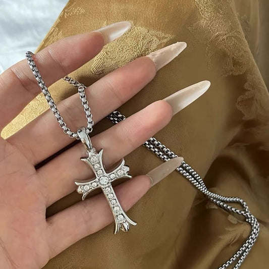 Luminique Store |   Unisex Silver Diamond-Inlaid Titanium Steel Cross