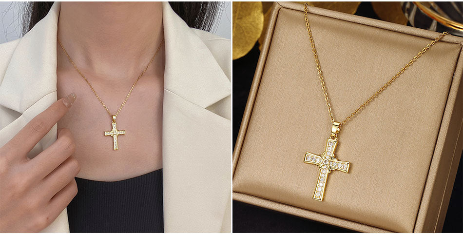 Luminique Store |   Copper Cross Pendant with Full Zircon Inlay, Light Luxury Style