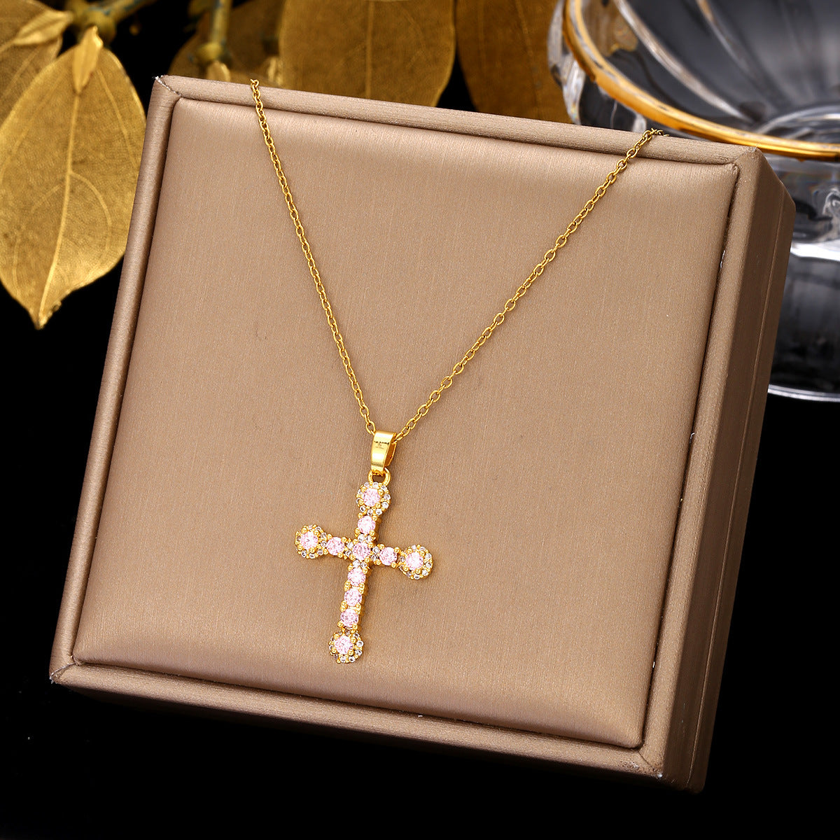 Luminique Store |   Copper Cross Pendant with Full Zircon Inlay, Light Luxury Style