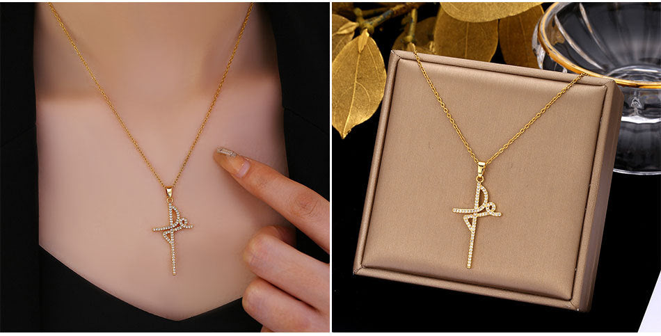Luminique Store |   Copper Cross Pendant with Full Zircon Inlay, Light Luxury Style