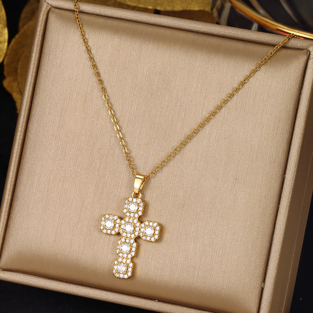 Luminique Store |   Copper Cross Pendant with Full Zircon Inlay, Light Luxury Style