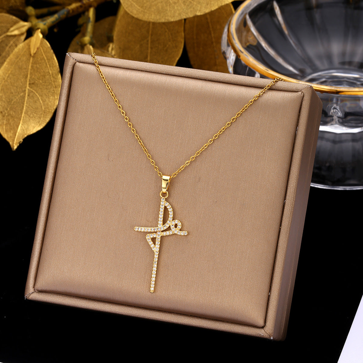 Luminique Store |   Copper Cross Pendant with Full Zircon Inlay, Light Luxury Style