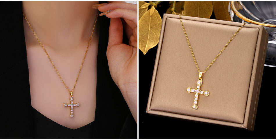 Luminique Store |   Copper Cross Pendant with Full Zircon Inlay, Light Luxury Style