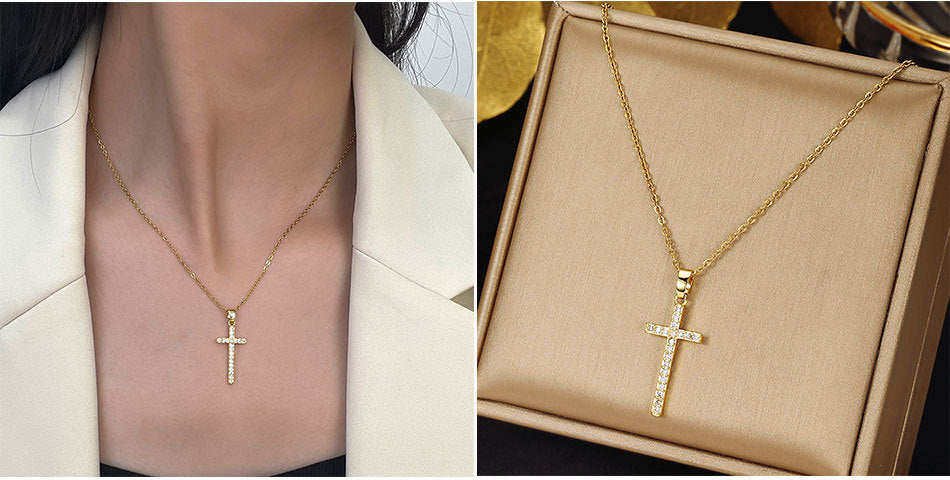Luminique Store |   Copper Cross Pendant with Full Zircon Inlay, Light Luxury Style