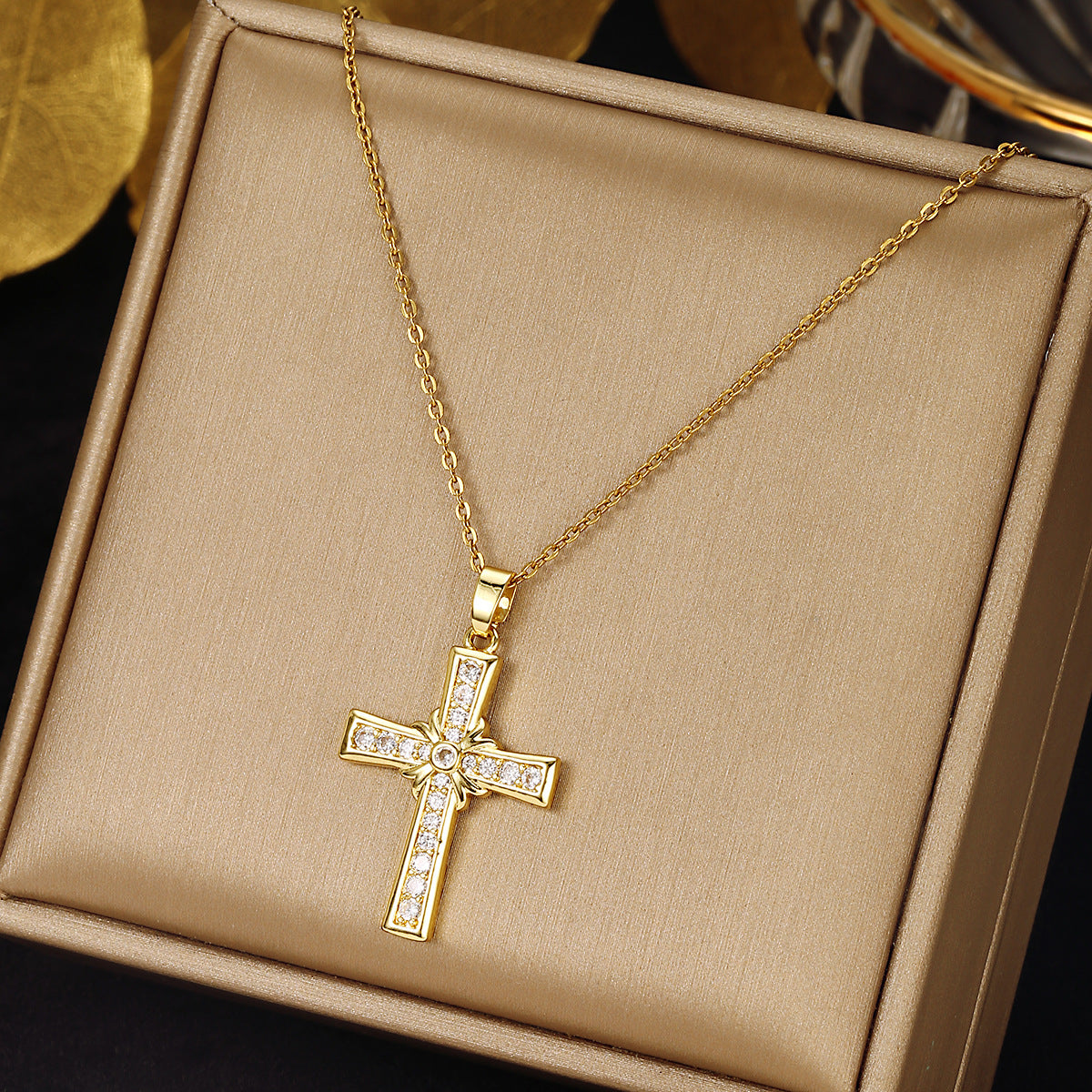 Luminique Store |   Copper Cross Pendant with Full Zircon Inlay, Light Luxury Style