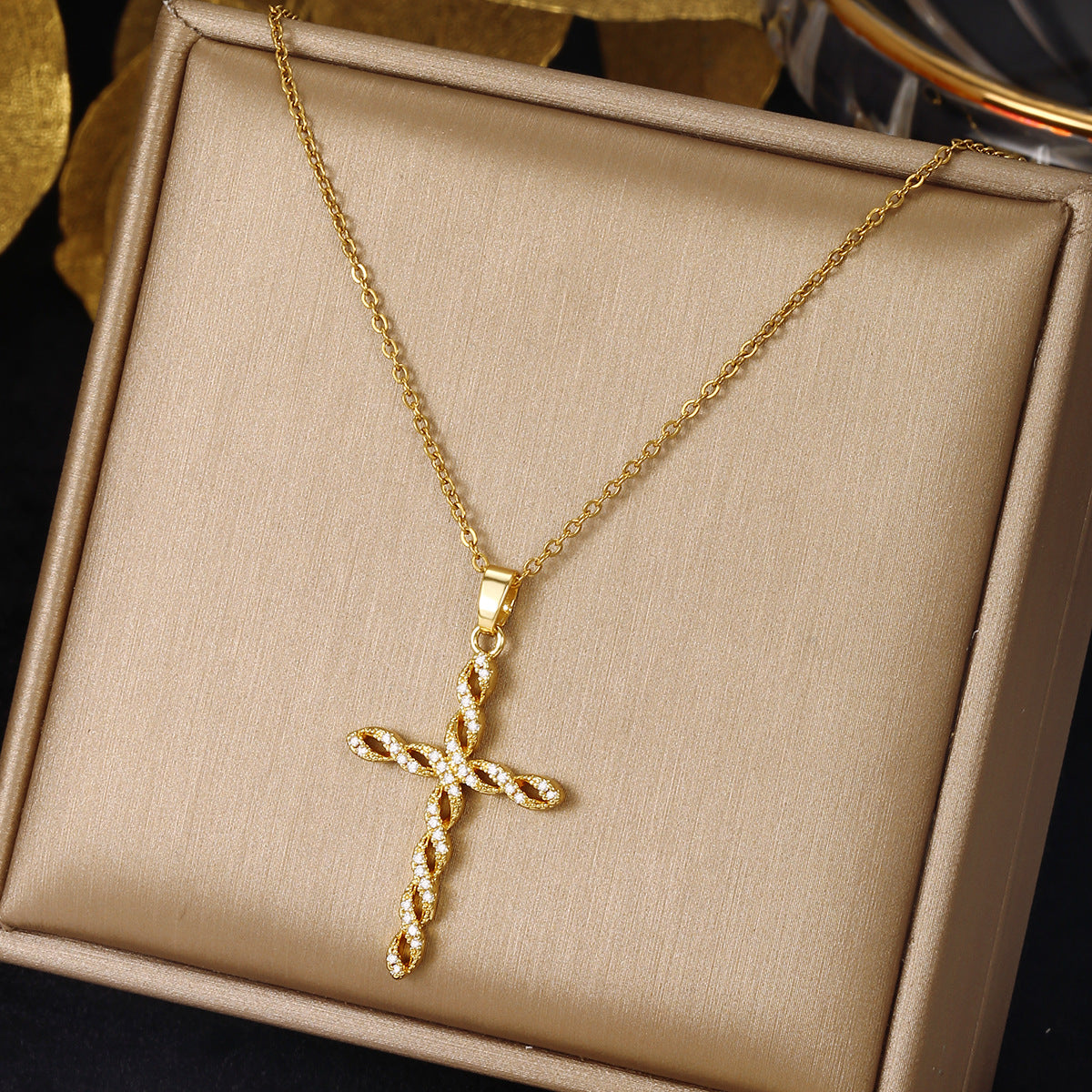 Luminique Store |   Copper Cross Pendant with Full Zircon Inlay, Light Luxury Style