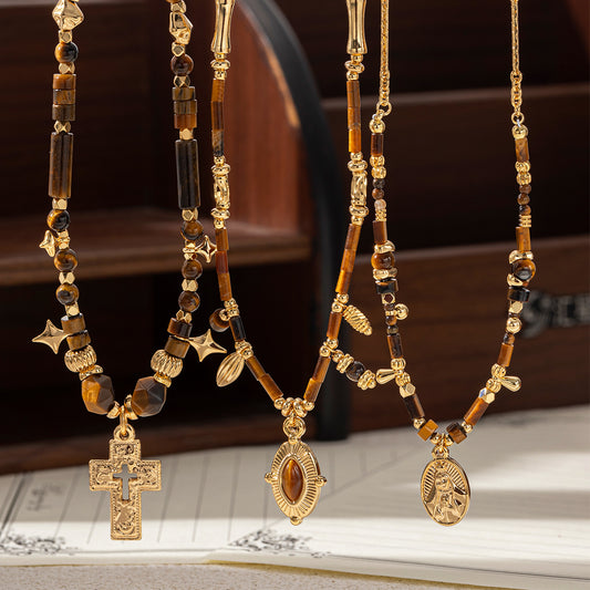 Luminique Store |   Vintage Premium Tiger's Eye Beaded Cross Necklace