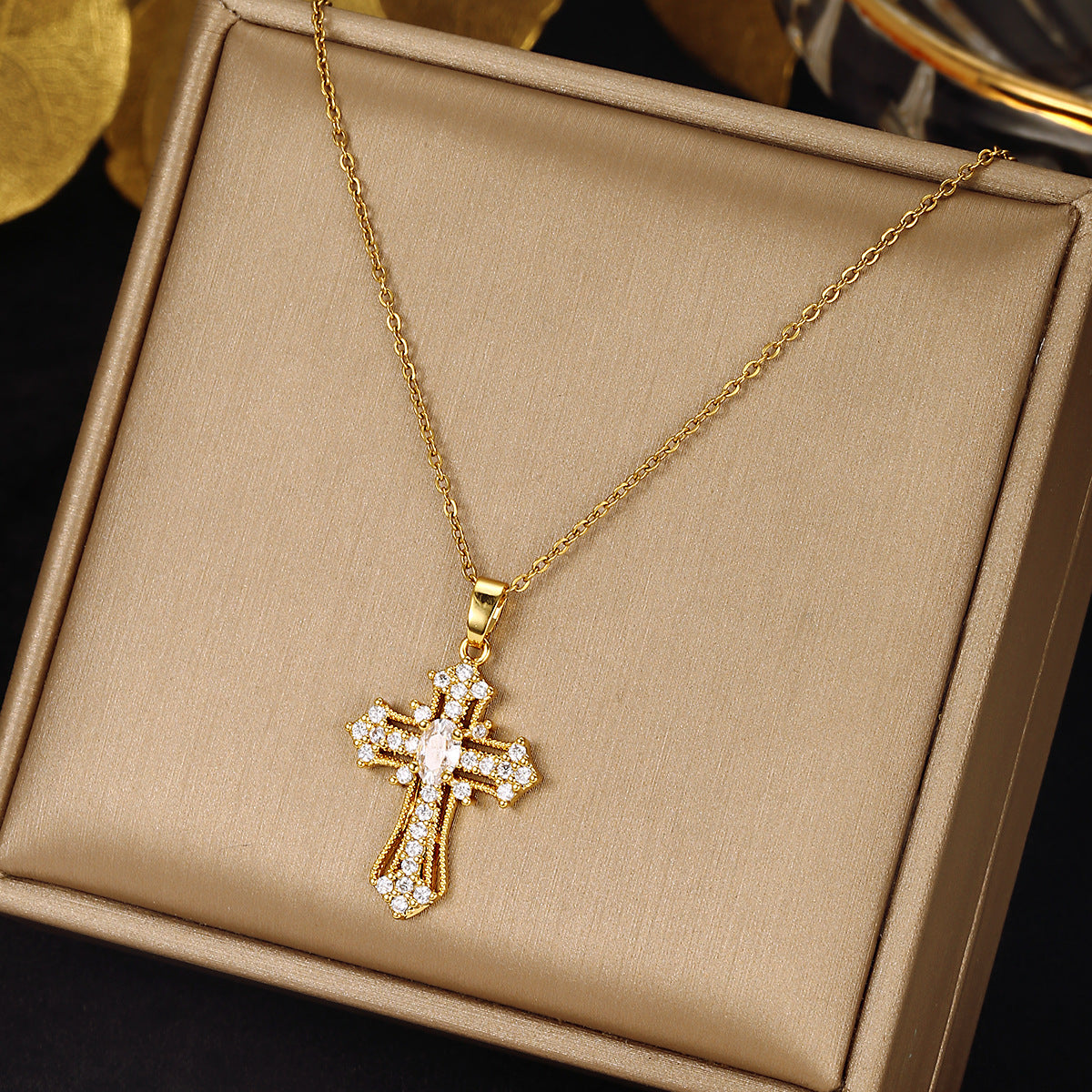 Luminique Store |   Copper Cross Pendant with Full Zircon Inlay, Light Luxury Style