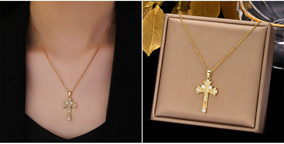 Luminique Store |   Copper Cross Pendant with Full Zircon Inlay, Light Luxury Style