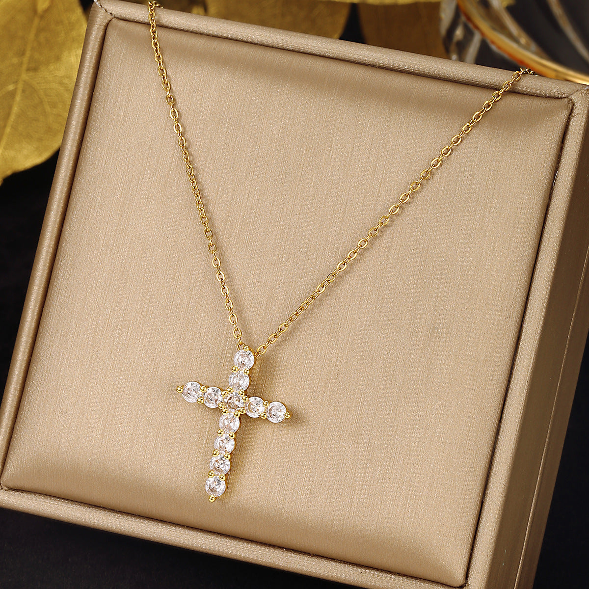 Luminique Store |   Copper Cross Pendant with Full Zircon Inlay, Light Luxury Style