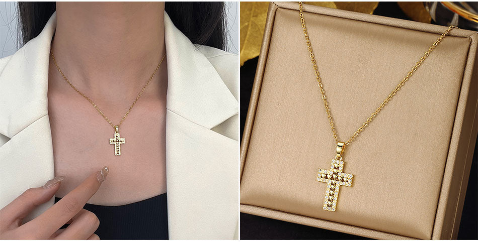 Luminique Store |   Copper Cross Pendant with Full Zircon Inlay, Light Luxury Style