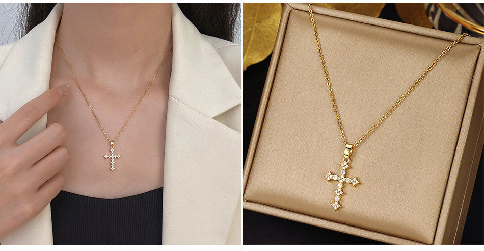 Luminique Store |   Copper Cross Pendant with Full Zircon Inlay, Light Luxury Style
