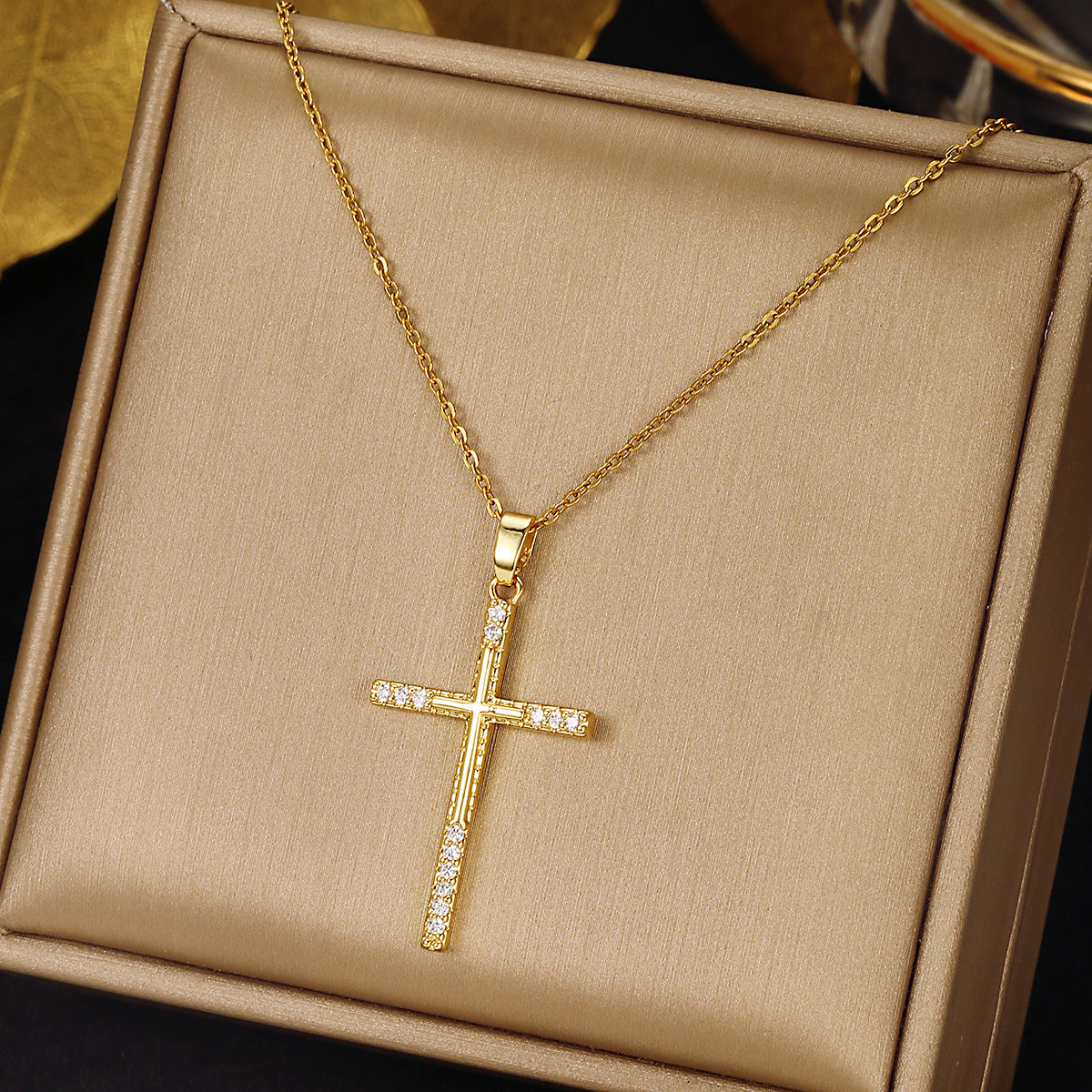 Luminique Store |   Copper Cross Pendant with Full Zircon Inlay, Light Luxury Style