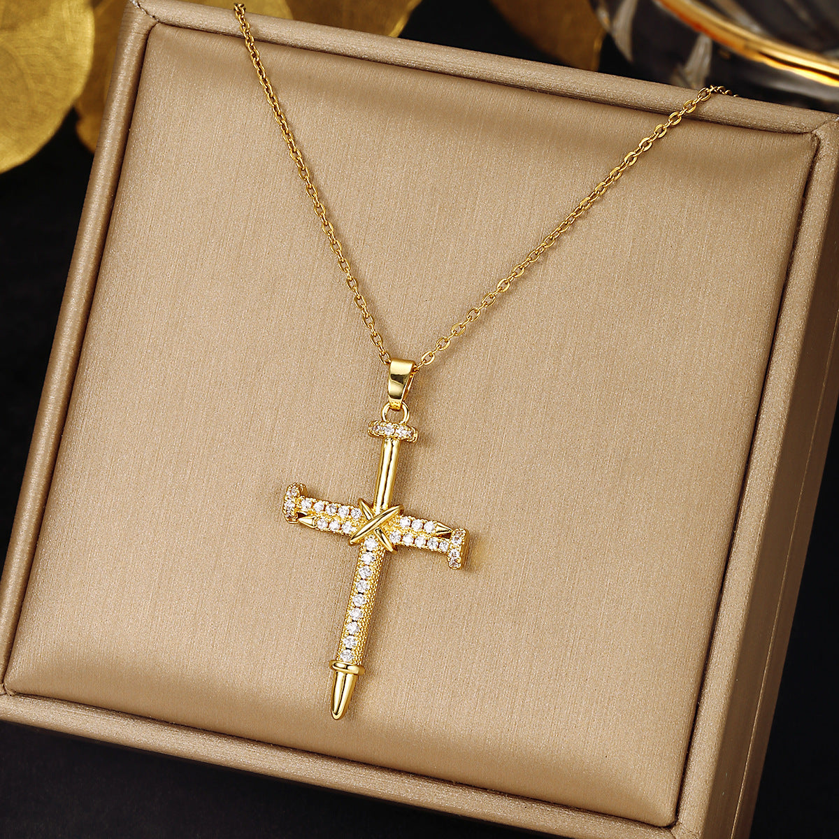 Luminique Store |   Copper Cross Pendant with Full Zircon Inlay, Light Luxury Style