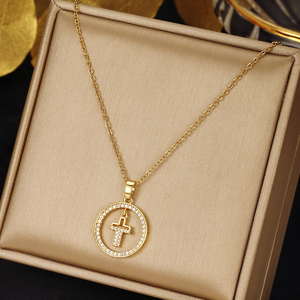 Luminique Store |   Copper Cross Pendant with Full Zircon Inlay, Light Luxury Style