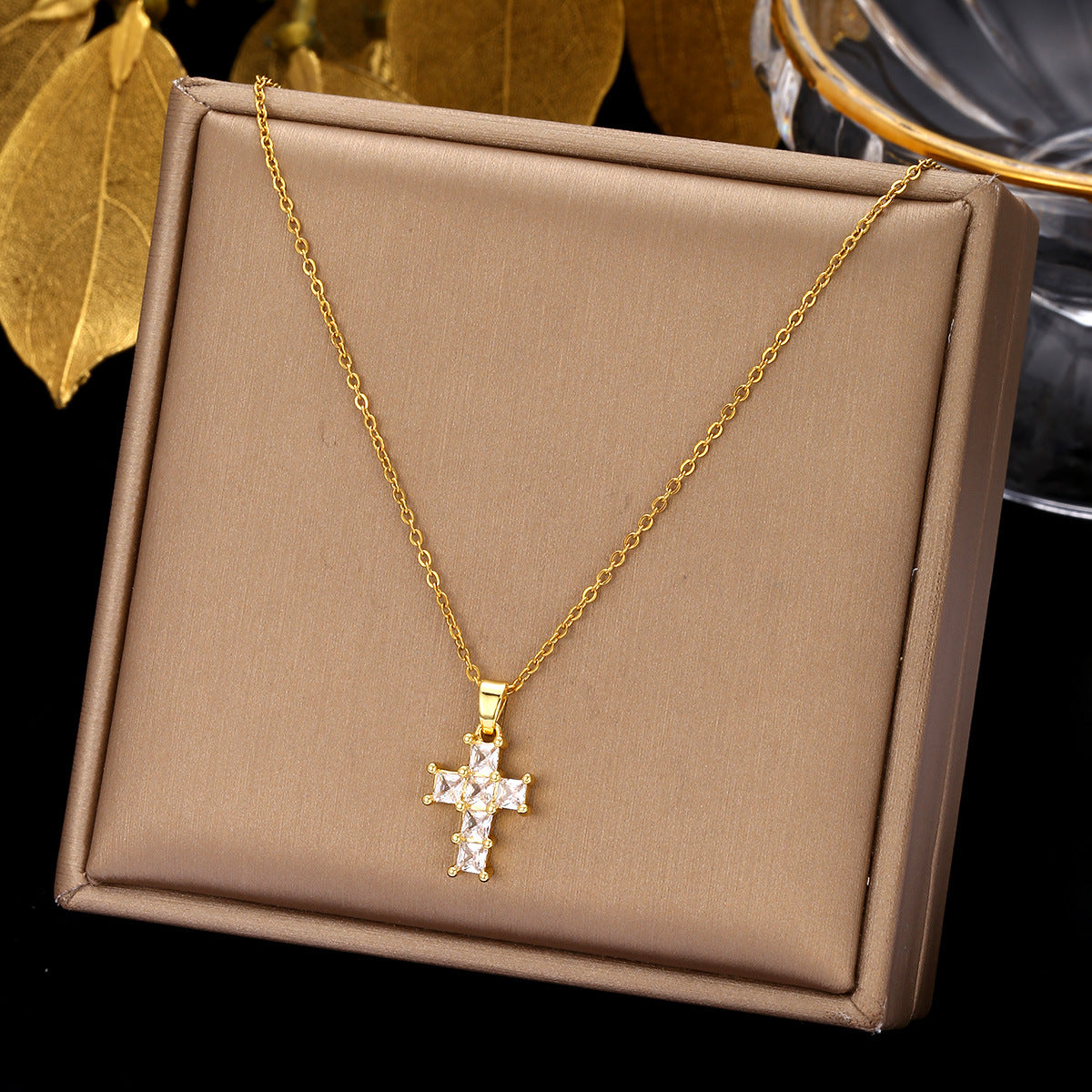 Luminique Store |   Copper Cross Pendant with Full Zircon Inlay, Light Luxury Style