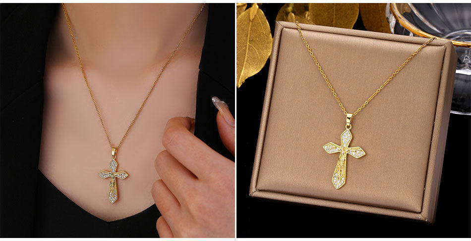 Luminique Store |   Copper Cross Pendant with Full Zircon Inlay, Light Luxury Style