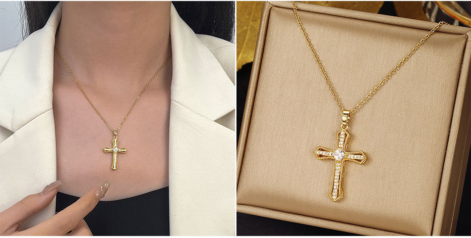 Luminique Store |   Copper Cross Pendant with Full Zircon Inlay, Light Luxury Style