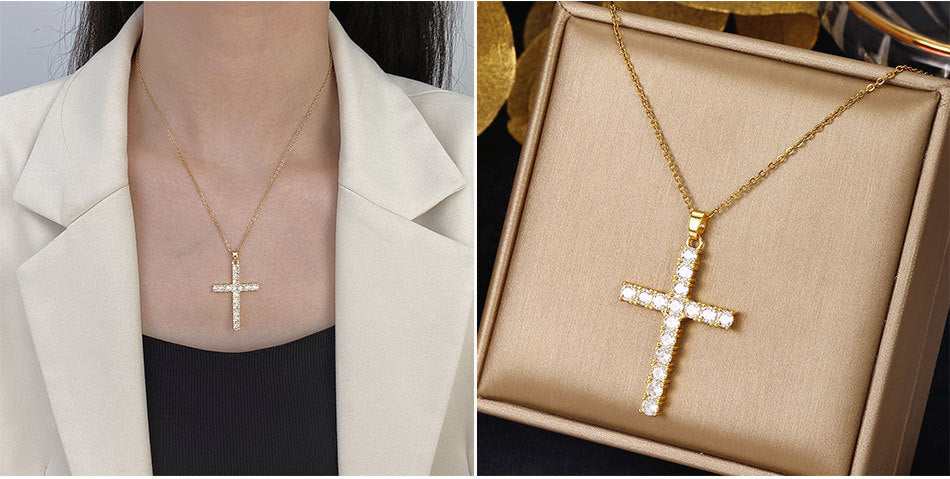 Luminique Store |   Copper Cross Pendant with Full Zircon Inlay, Light Luxury Style