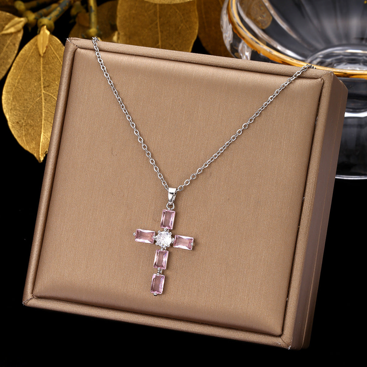 Luminique Store |   Copper Cross Pendant with Full Zircon Inlay, Light Luxury Style