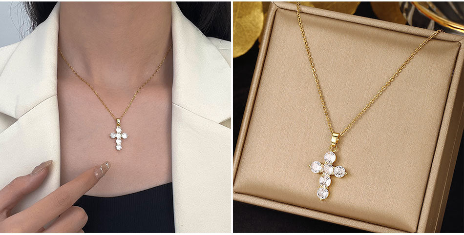 Luminique Store |   Copper Cross Pendant with Full Zircon Inlay, Light Luxury Style
