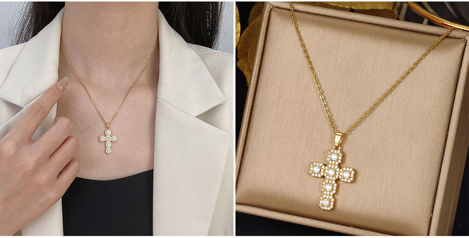 Luminique Store |   Copper Cross Pendant with Full Zircon Inlay, Light Luxury Style