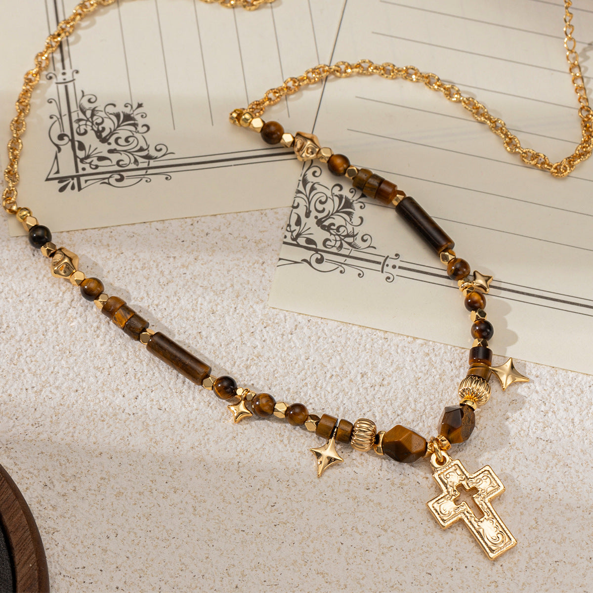 Luminique Store |   Vintage Premium Tiger's Eye Beaded Cross Necklace