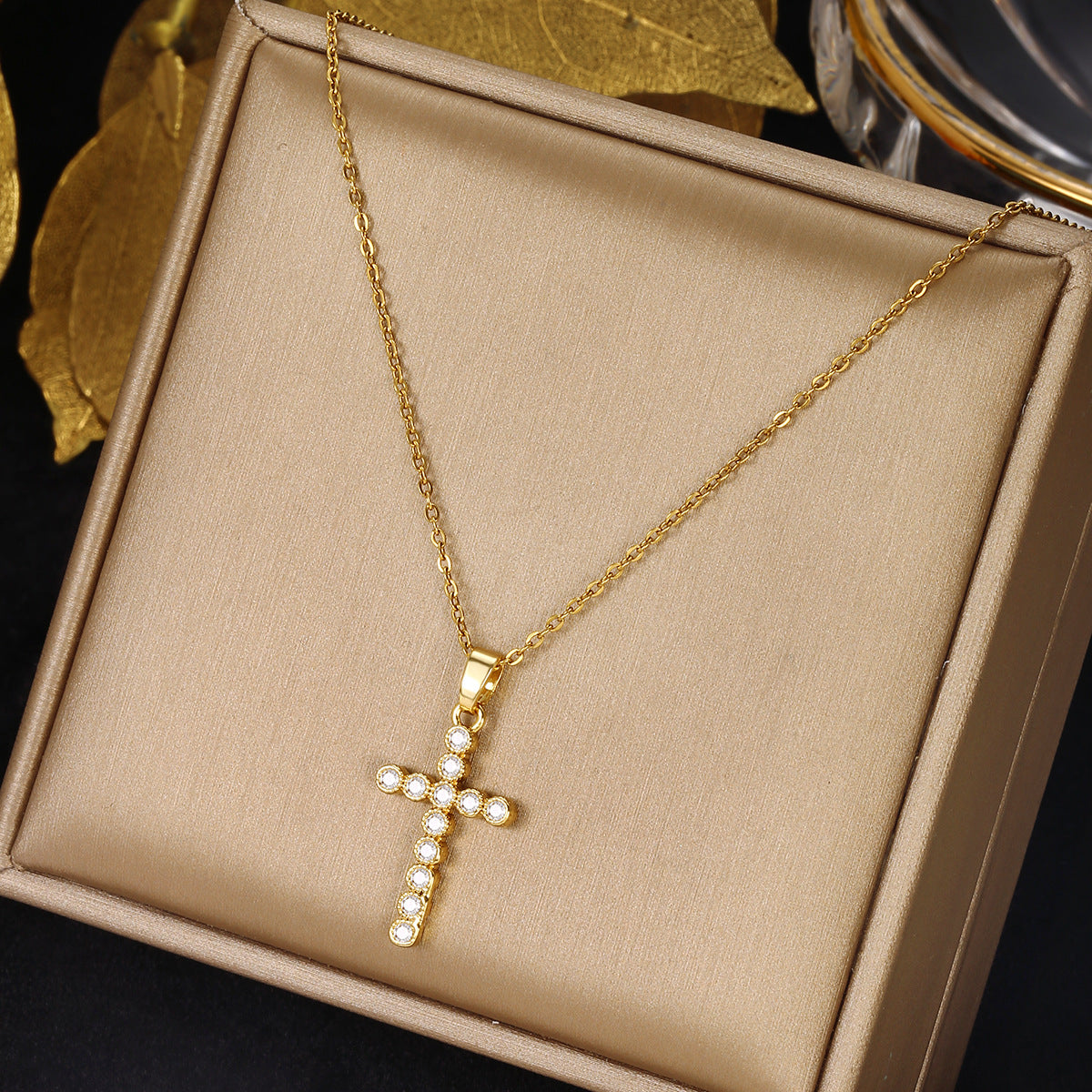 Luminique Store |   Copper Cross Pendant with Full Zircon Inlay, Light Luxury Style