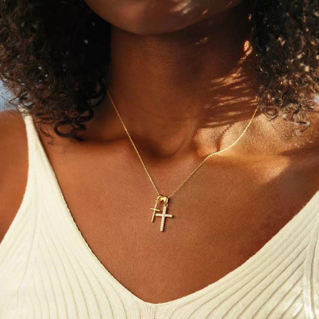 Luminique Store |   Gold Double Cross Necklace, S925 Sterling Silver