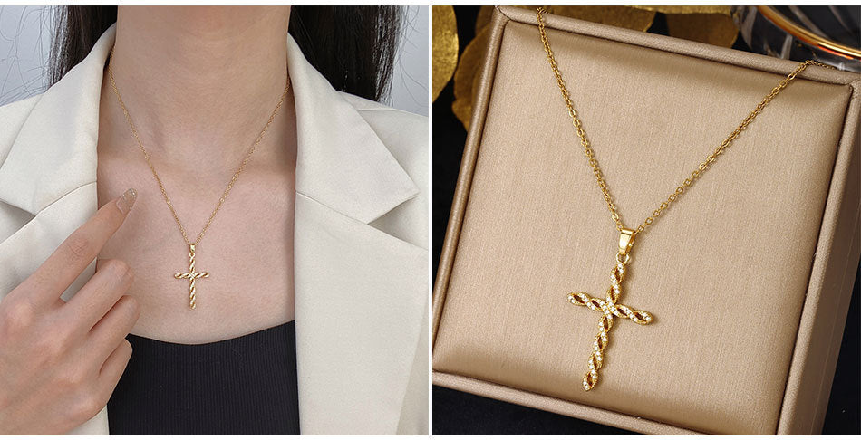 Luminique Store |   Copper Cross Pendant with Full Zircon Inlay, Light Luxury Style