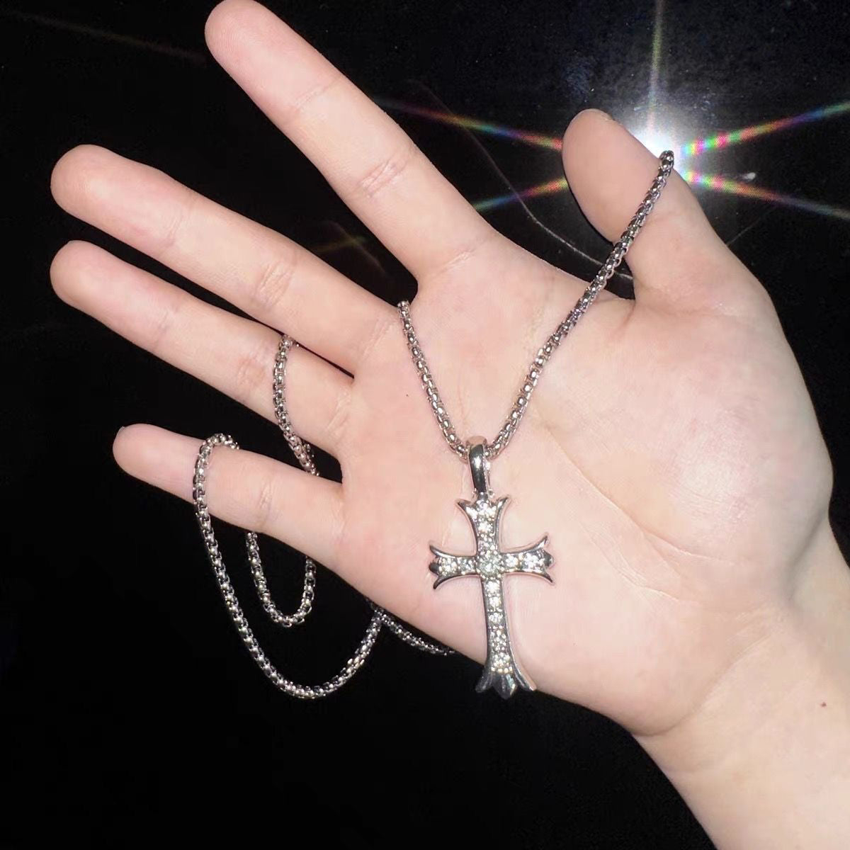 Luminique Store |   Unisex Silver Diamond-Inlaid Titanium Steel Cross