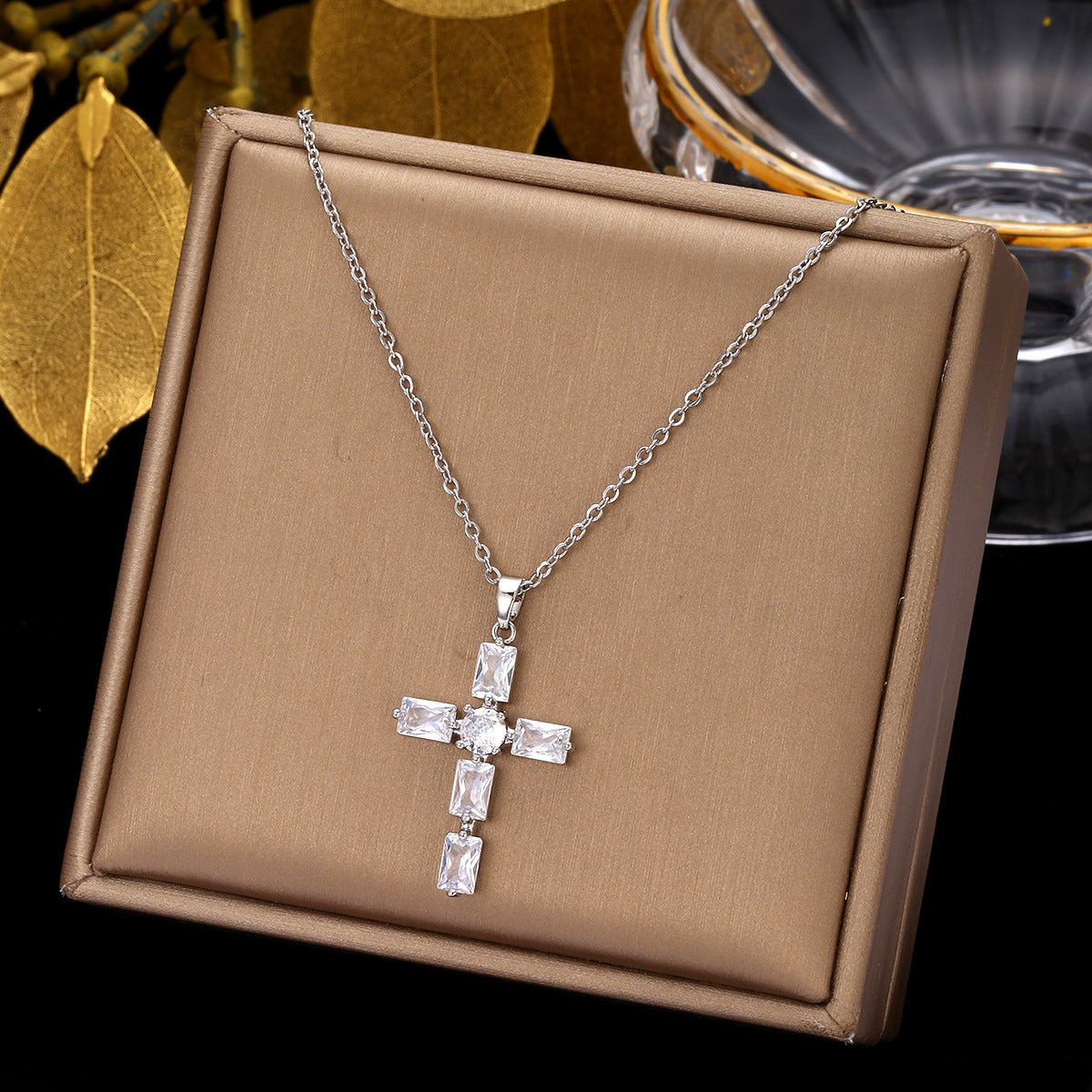 Luminique Store |   Copper Cross Pendant with Full Zircon Inlay, Light Luxury Style
