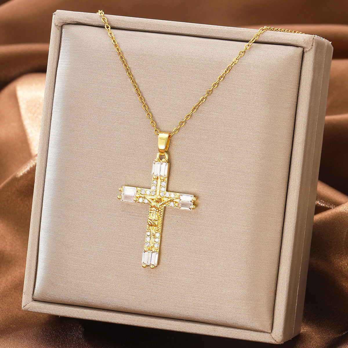 Luminique Store |   Copper Cross Pendant with Full Zircon Inlay, Light Luxury Style