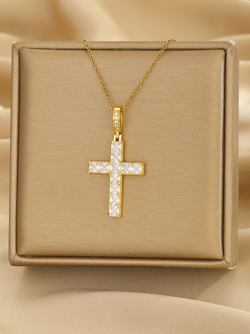 Luminique Store |   Copper Cross Pendant with Full Zircon Inlay, Light Luxury Style