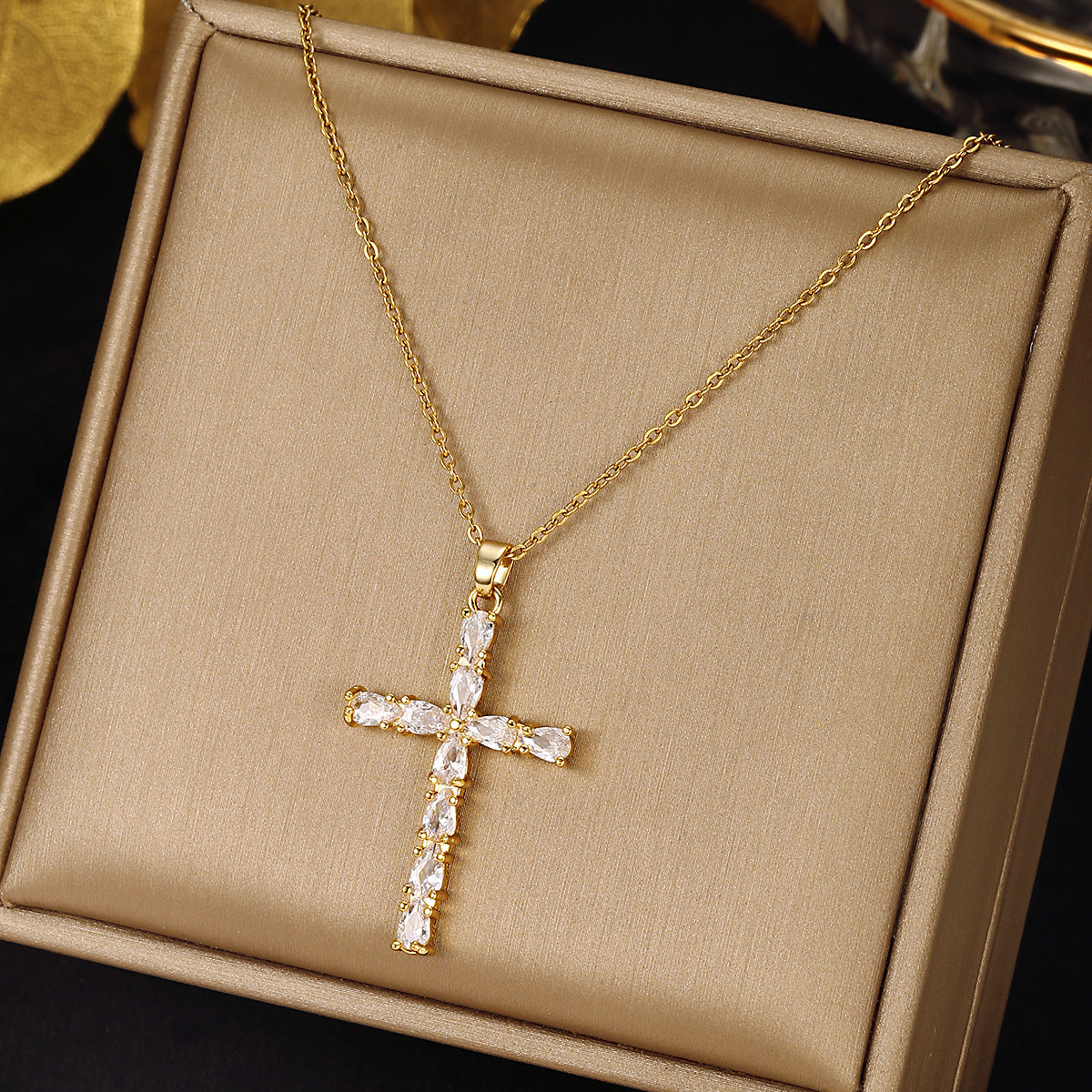 Luminique Store |   Copper Cross Pendant with Full Zircon Inlay, Light Luxury Style