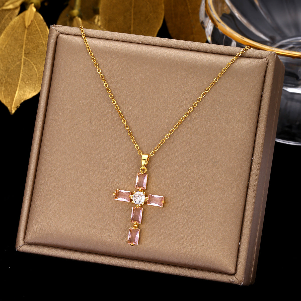 Luminique Store |   Copper Cross Pendant with Full Zircon Inlay, Light Luxury Style