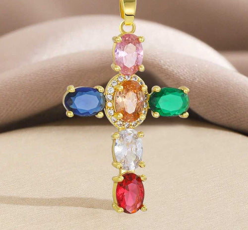 Luminique Store |   Copper Cross Pendant with Full Zircon Inlay, Light Luxury Style