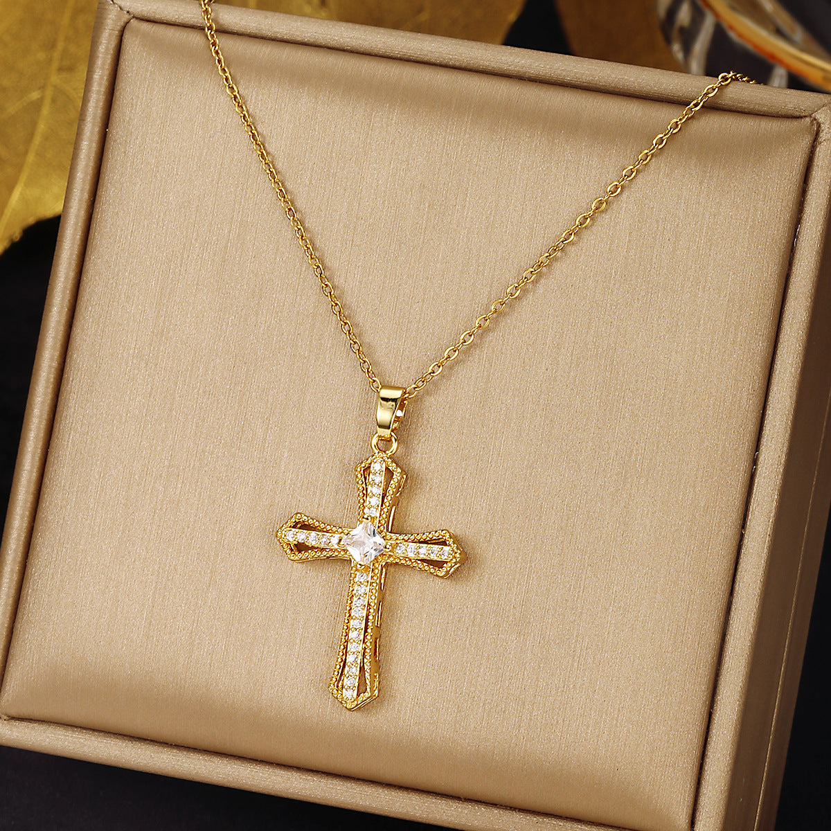 Luminique Store |   Copper Cross Pendant with Full Zircon Inlay, Light Luxury Style
